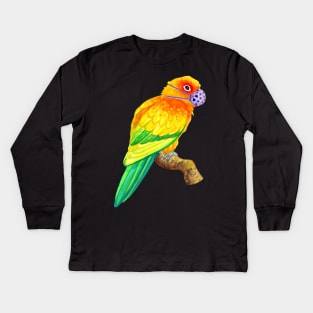 Sun Conure Parrot Wearing Face Mask Watercolor Kids Long Sleeve T-Shirt